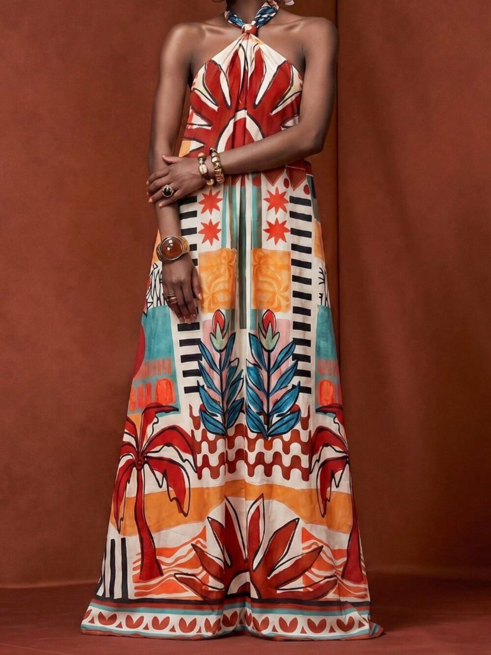 Multicolor Boho Women's Halter Neck Tie Front Open-back Pockets Maxi Dress - Picture 6 of 8